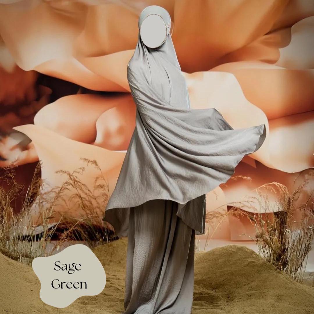Minimalist prayer set with jersey hijab and silky satin body in solid color in sage green