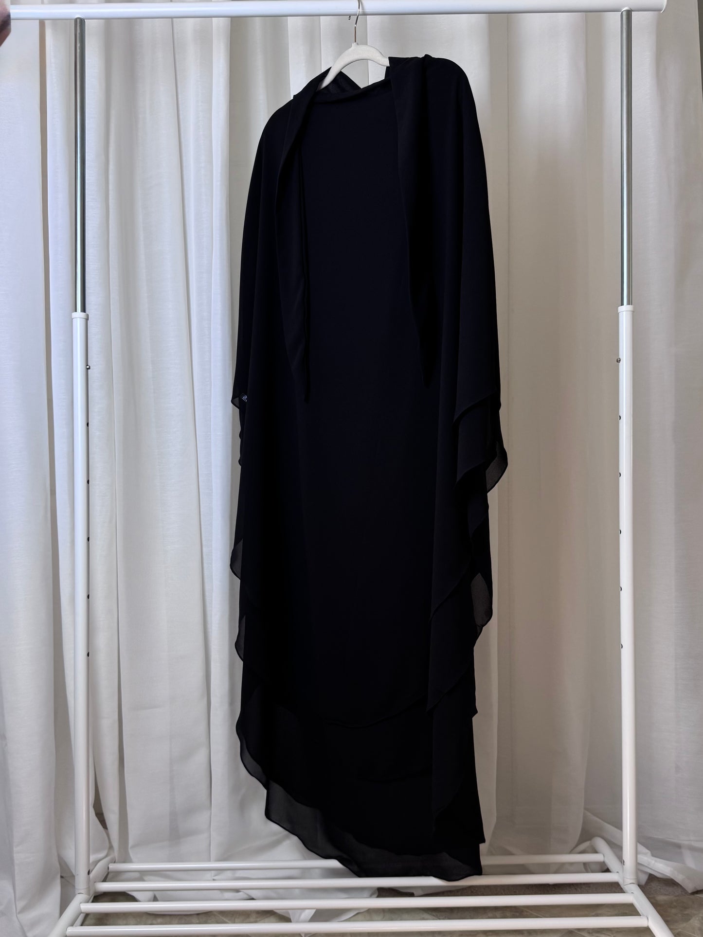 Black double-layer chiffon khimar, modest hijab with flowy drape, US based.