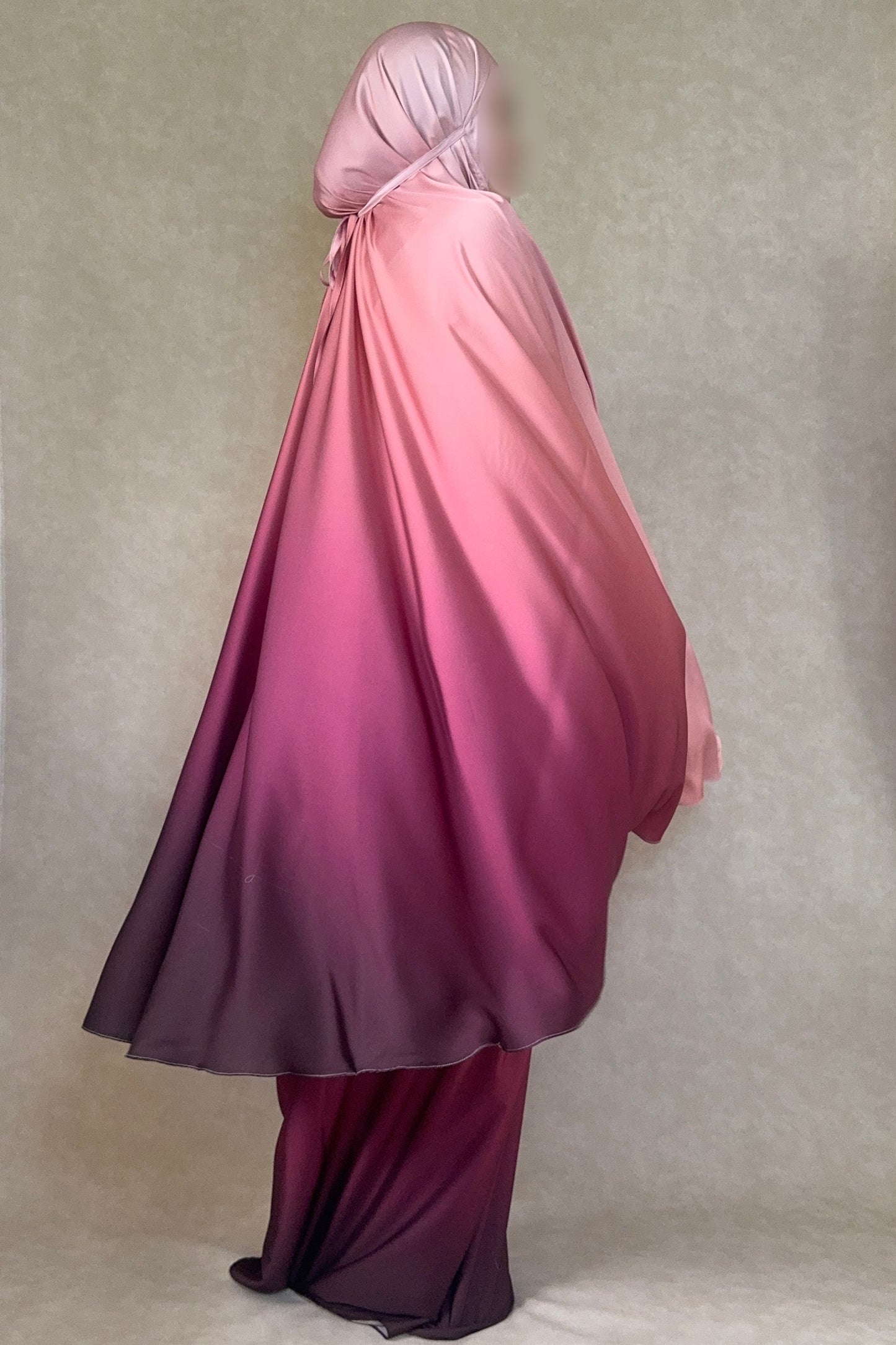 Elegant, affordable, and modest satin prayer wear with blended ombre hues and glossy finish