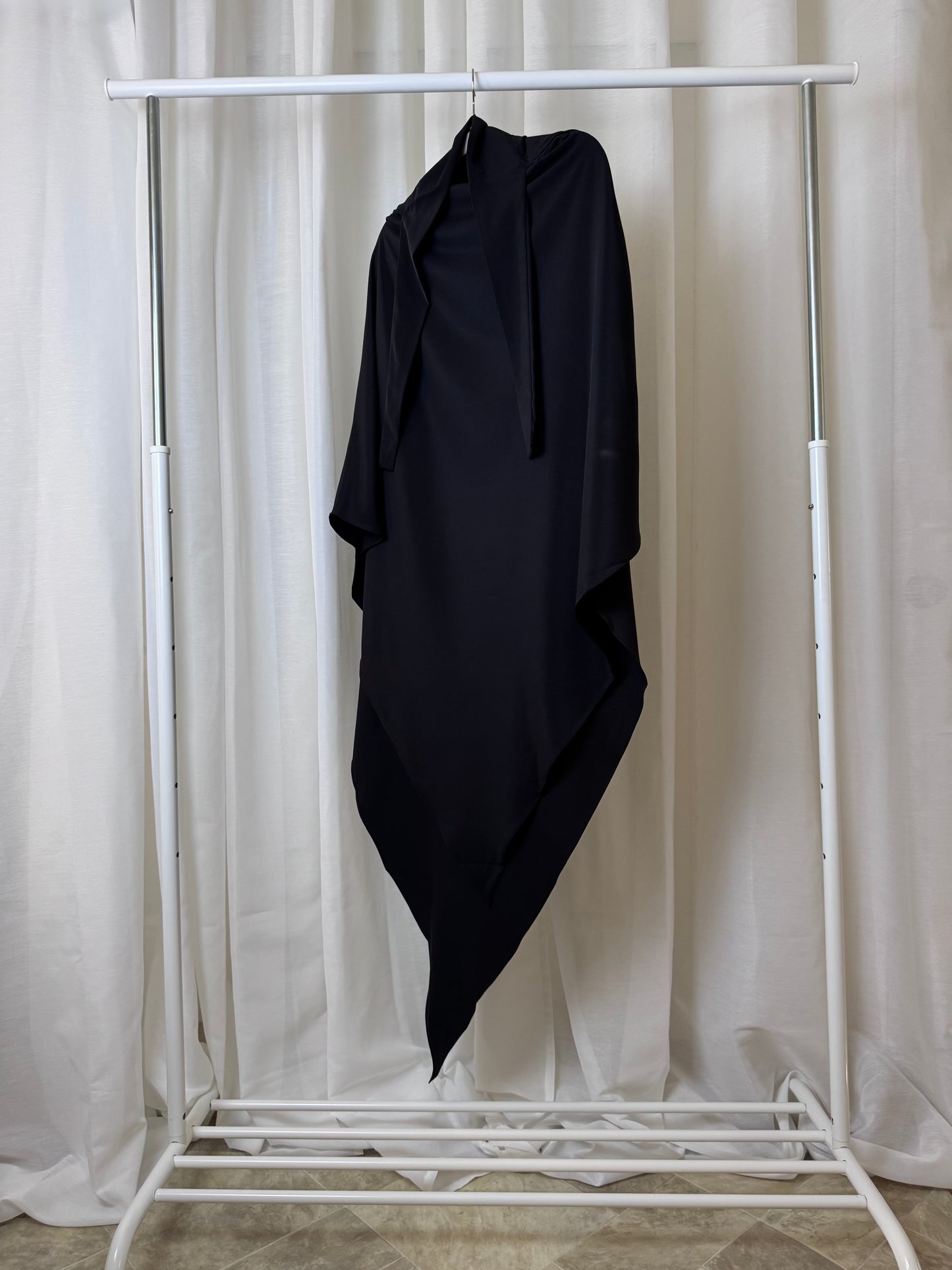 Black non-stretch khimar, classic modest fit with elegant drape, US based.