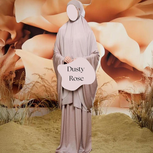 Modest satin prayer set with breathable jersey upper for easy wear and flowy lower half