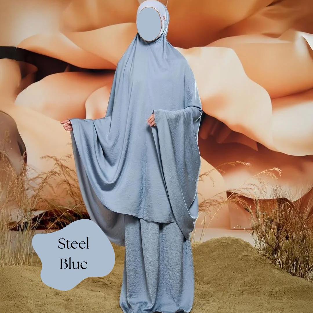 Everyday prayer garment in sleek satin with modest jersey top for secure fit