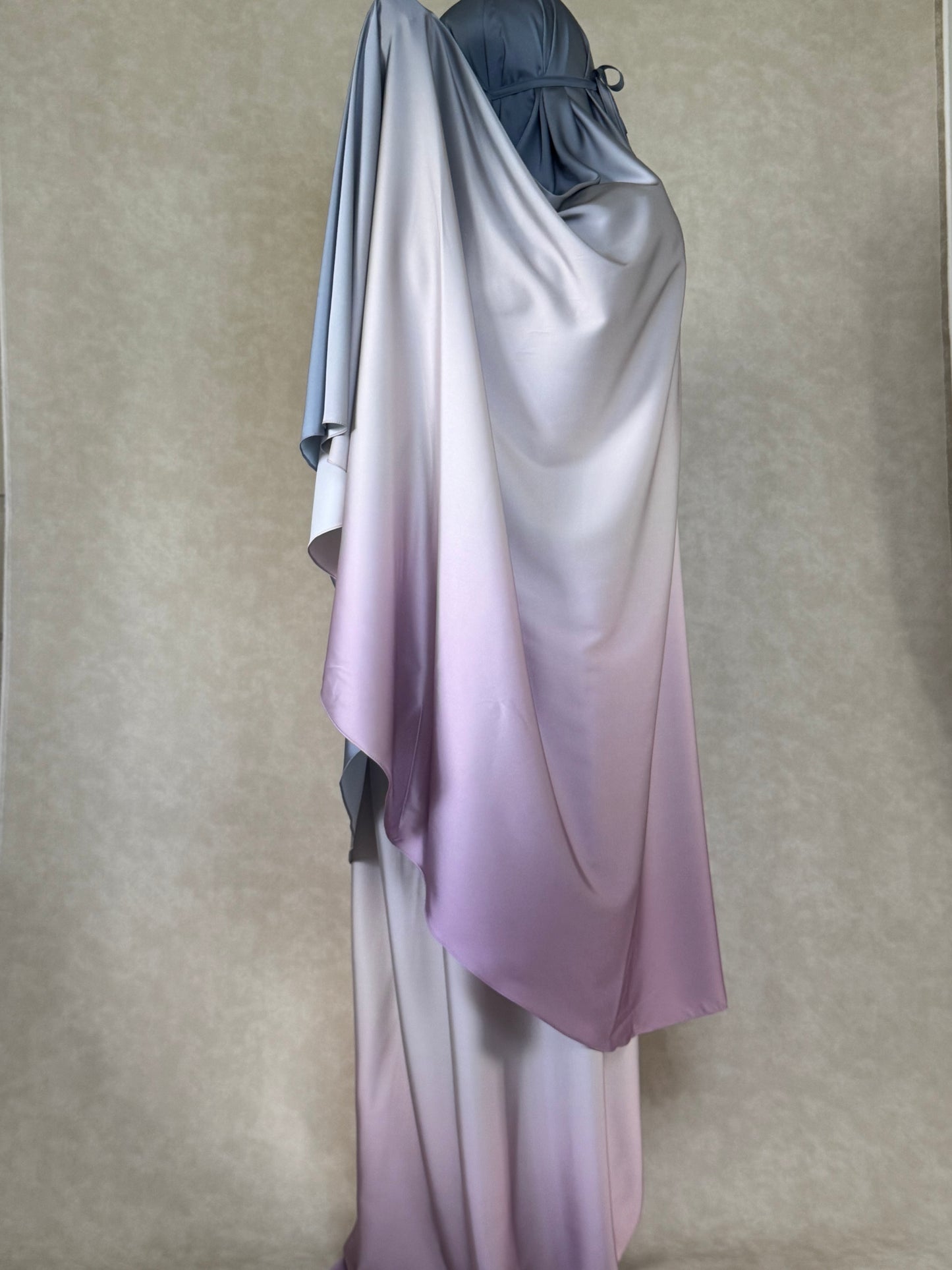 Modest and affordable prayer outfit made of full satin with dreamy ombré color transition