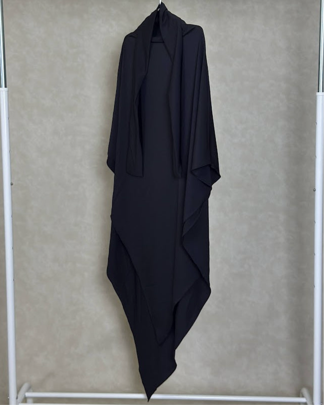 Black jersey khimar offering modest, full-length coverage with soft stretch fabric, USA based