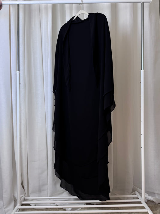 Black double-layer chiffon khimar, modest hijab with flowy drape, US based.