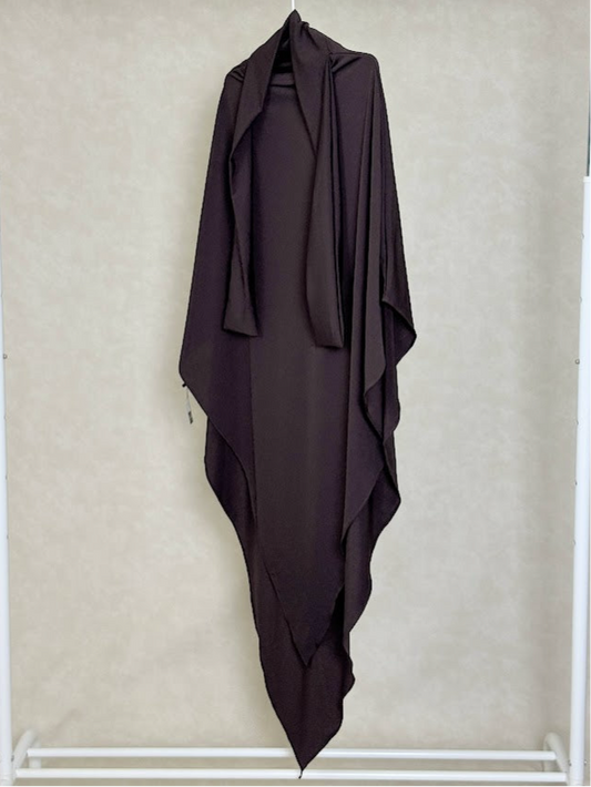 Brown jersey khimar with full coverage and flowy drape, US-based modest essential