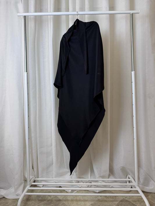 Black non-stretch khimar, classic modest fit with elegant drape, US based.