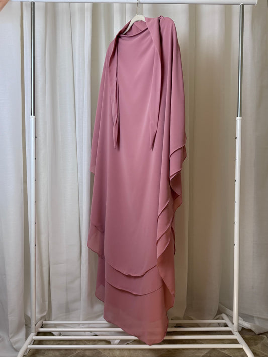 Pink double-layer chiffon khimar, modest full coverage, US based.