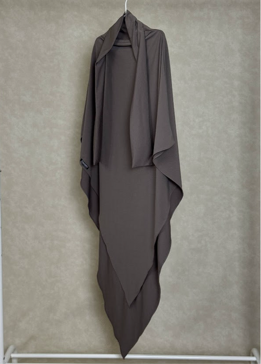 Taupe jersey khimar for women, breathable and stretchy fabric ideal for prayer and daily wear