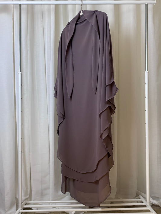 Purple taupe chiffon khimar, extra large design for full modest coverage, US based.