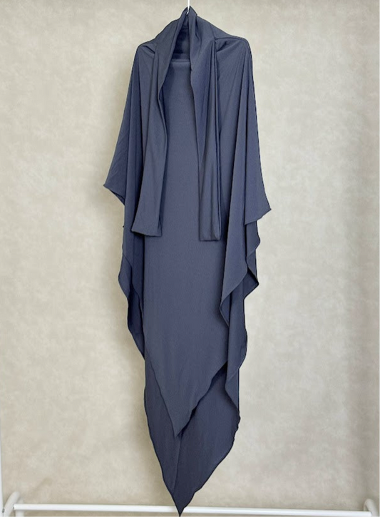 Lightweight jersey khimar in soft grey, designed in the USA for everyday modest wear