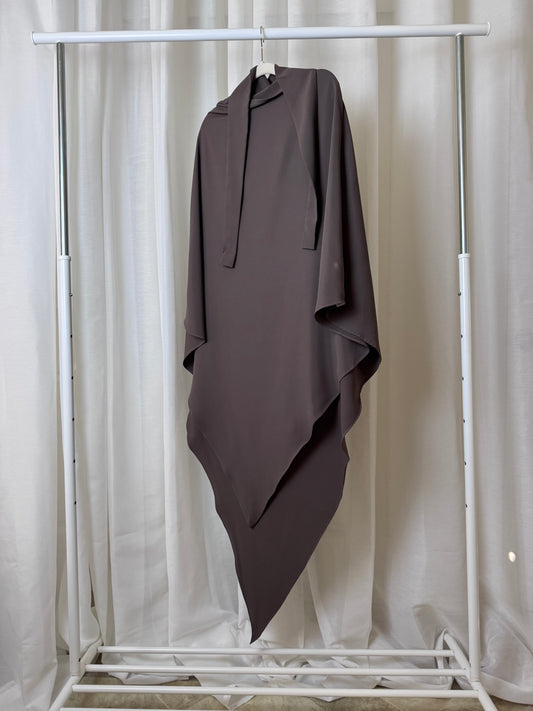 Khaki non-stretch khimar, lightweight fabric with graceful drape, US based.