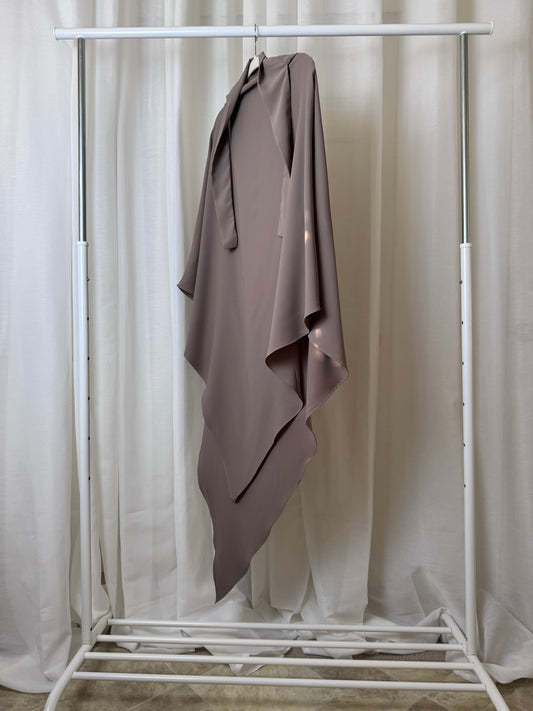 Tan non-stretch khimar, modest coverage with flowing drape, US based.