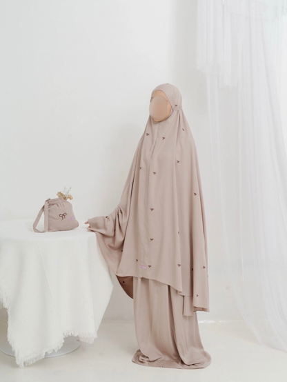 Coquette prayer set with embroidered bows and soft modest fabric