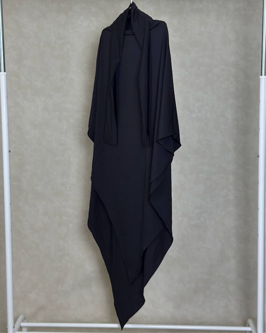 Black jersey khimar offering modest, full-length coverage with soft stretch fabric, USA based